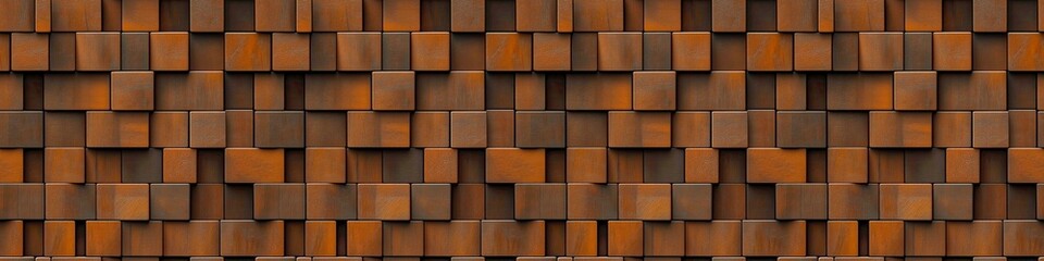 Astract 3d orange brown rusty metal steel rust cubes tile, wall texture background banner panorama, seamless pattern