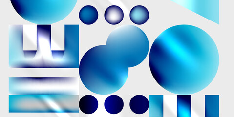 Abstract composition. Blue shapes overlap, creating dynamic visual effect. Smooth gradients, geometric forms dominate design.