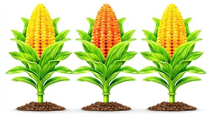 Fototapeta premium Three Corn Plants with Yellow and Orange Kernels on White Background