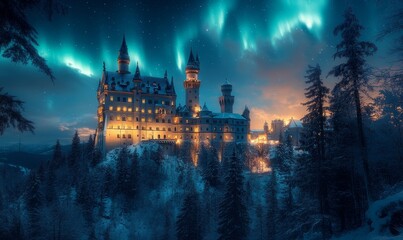 Fototapeta premium majestic snow-covered castle glowing softly under golden light surrounded by a frosted forest, Generative AI