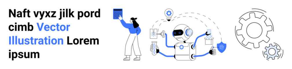 Robot multitasking with gears, shield, and documents person reviewing tablet screen. Ideal for technology, AI, automation, teamwork, innovation, creativity simple landing page