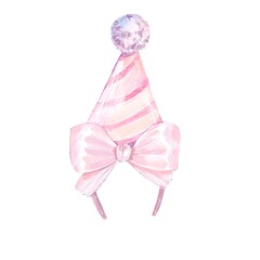 Pink striped party hat with pompom and silk bow hand painted in watercolor style cute festive accessory for birthday baby shower or holiday design isolated on white for kids celebration decor clipart