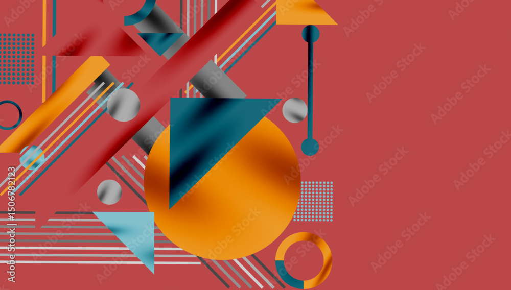 Poster Abstract geometric composition. Shapes overlap, creating dynamic visual interest. Warm, cool colors contrast against red background.