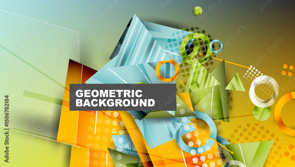 Aufkleber bright geometric shapes overlap, creating dynamic abstract background. colors include blue, orange, 