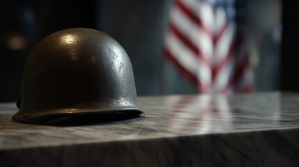 Steel M1 Helmet on Marble Pedestal with Flag Reflection