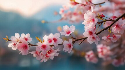 Beautiful cherry blossom flowers blooming on branch in spring