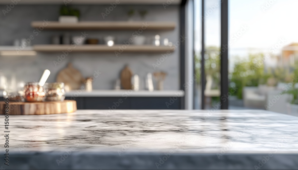 Poster empty marble tabletop with blurred kitchen background for product display