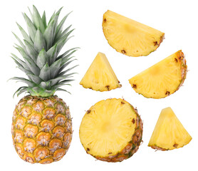 Set of pineapple with leaves and slices isolated, transparent PNG, PNG format, cut out