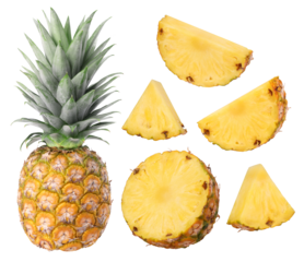 Set of pineapple with leaves and slices isolated, transparent PNG, PNG format, cut out