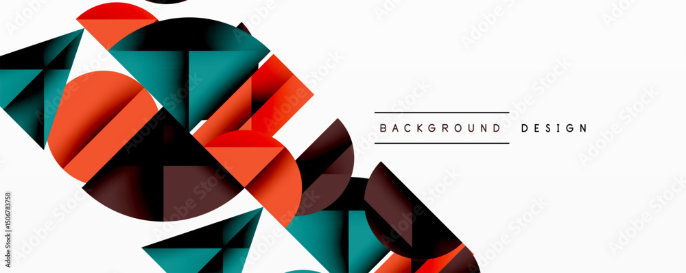 Poster abstract geometric shapes overlap, creating dynamic composition. red, teal, maroon hues dominate whi