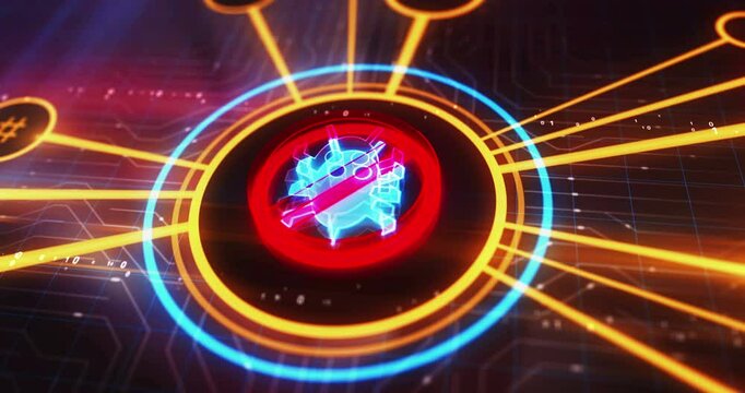 Antivirus cybersecurity warning symbol digital concept. Cyber technology and computer network background abstract 3d animation.