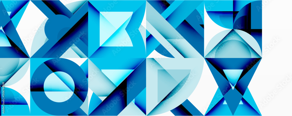 Poster abstract geometric shapes, varying shades blue, white. complex composition creates dynamic visual te