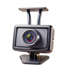 Black dashcam with a mount isolated against a white background closeup