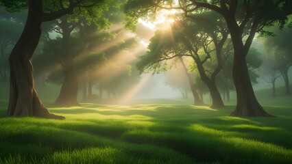 Mist rolling through a quiet valley at alfajar with light rays piercing through tall trees