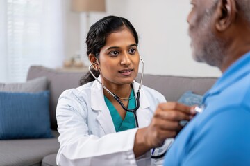 Young female doctor using a stethoscope to examine an elderly male patient at home, providing compassionate medical care, healthcare and geriatrics support, trust between doctor and senior.