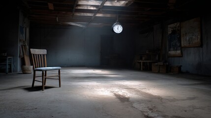empty garage with only one old chair and broken clock, signs of a life once full, poetic silence