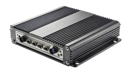 Fototapeta premium Close up shot of gray stereo amplifier with multiple knobs and details