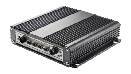 Close up shot of gray stereo amplifier with multiple knobs and details