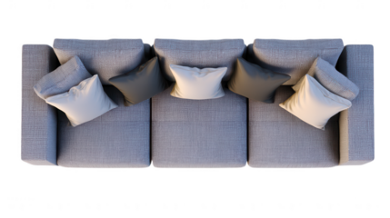 Modern gray sofa with pillows isolated on transparent background