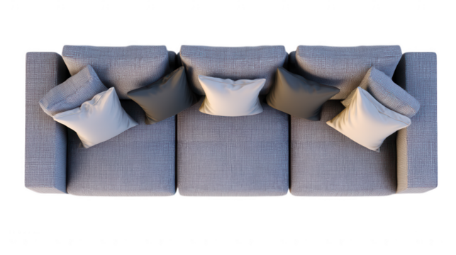 Modern gray sofa with pillows isolated on transparent background