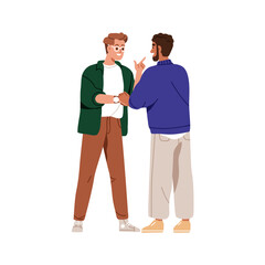 Happy men shaking hands. Colleague friends handshake. Business partners, friendly communication and meeting. Agreement, trust, deal and greeting gesture. Flat vector illustration, white background.