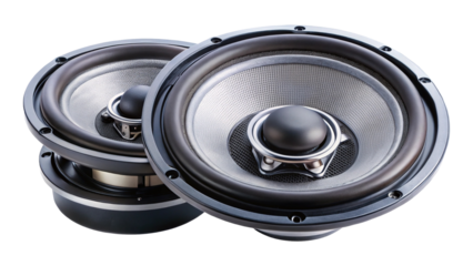 Highfidelity car audio speakers with mesh grills and dark gray trim pieces