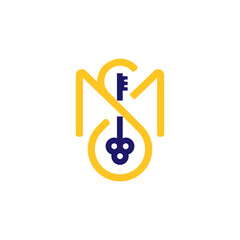 A modern logo combines the intertwined letters "M" and "S" in yellow with a vertically oriented blue key running through the center. It suggests security, solutions, real estate 