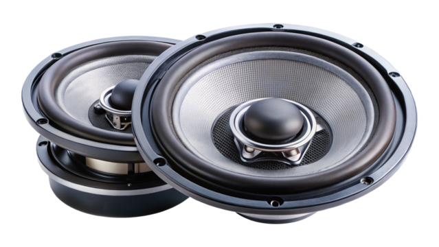 Highfidelity car audio speakers with mesh grills and dark gray trim pieces