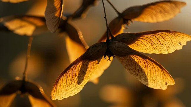 Golden Sunlight Illuminates Winged Seed Pods Revealing Delicate Textures