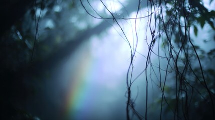 Vines Around Forest Arch with Misty Rainbows and Mystical Light