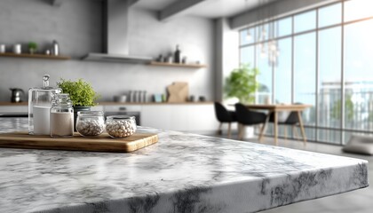 White marble kitchen countertop with ingredients and blurred background