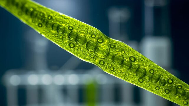 Macro Shot of Green Algae with Water Droplets Displaying Scientific Research in Laboratory Setting
