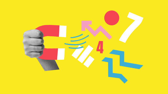 Abstract art collage. Bright shapes fly to magnet in clenched fist on yellow background, reflecting aggressive pursuit of trends, data and metrics. Concept of social impact and information pull