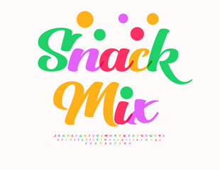 Vector Colorful template Snack Mix. Beautiful Cursive Font. Stylish set of Calligraphic Alphabet Letters and Numbers