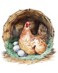 Hen sitting on eggs in a cozy nest within a rustic straw shelter in a farmyard setting