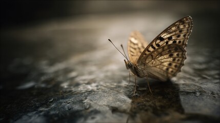 Obraz premium Butterfly Resting on Wet Stone with Droplets and Urban Mood