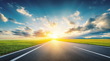 Wide road into distance, flanked by green fields and blue sky. High-definition, horizontal composition. Serene beauty.