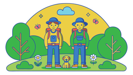 Fototapeta premium Colorful Cartoon Hikers with Backpacks,Dog,Trees,Cloud, Star in Outdoor Landscape