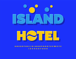 Vector Advertising flyer Island Hotel with Decorative Sun. Summer Yellow Font. Digital Sticker style Alphabet Letters and Numbers set.