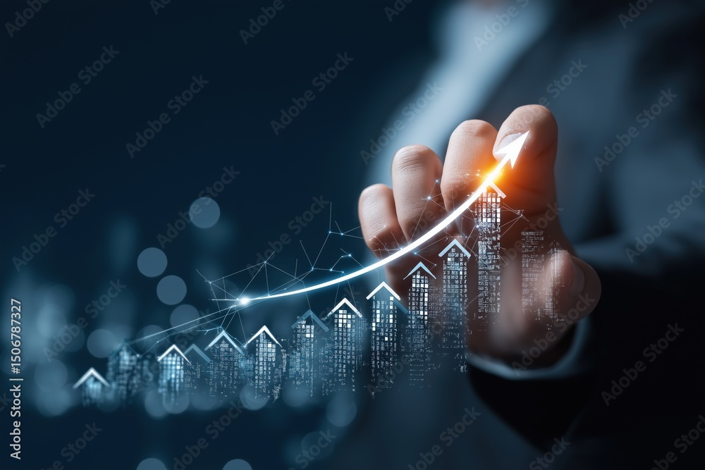 Aufkleber Businessman showing growth graph of business and cityscape network connection on futuristic background