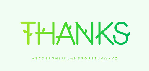 Green eco style thanks lettering with sprouting leaves. Organic nature font for eco packaging, gardening labels, sustainability blogs, Earth Day campaigns. Vector illustration