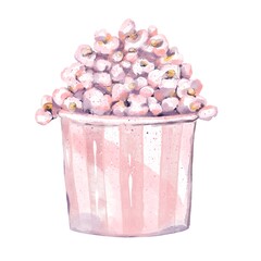 Pink popcorn in round craft box with pink striped pattern watercolor food illustration isolated on white fun party snack for celebration design dessert bar carnival baby shower or birthday theme