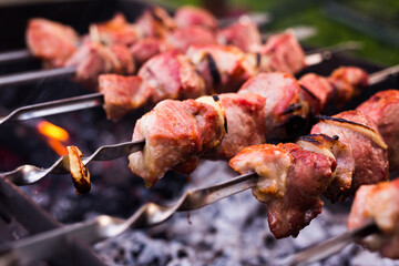 Juicy cuts of meat are grilled on grill. Outdoor recreation concept