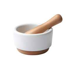 Simple Ceramic Mortar and Pestle: An overhead perspective on a pristine white ceramic mortar and a matching wooden pestle, isolated, inviting culinary exploration and a minimalist aesthetic.