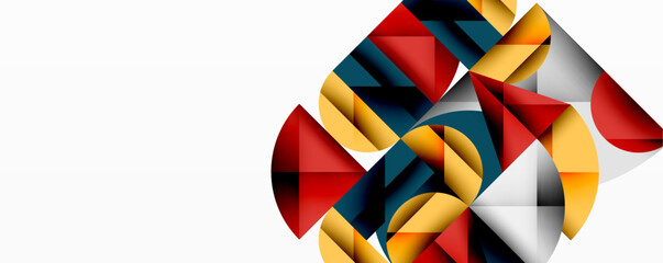 Abstract geometric composition. Shapes overlap, creating dynamic visual interest. Colors include red, gold, gray, black. Minimalist design.