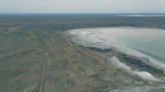 Drone Flight Over Lake Balkhash with Turquoise Water and White Shores. This cinematic flight captures the serene beauty of one of Central Asia&rsquo;s largest lakes. Perfect for themes of travel, adventure.
