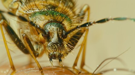 Close-up of a tiny insect on skin.  Detailed view of its head, thorax, and legs