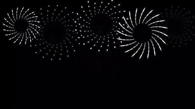  4K circle firework animation with ellipse bursts and geometric spark elements. Black screen fireworks line animation with glittering stars, shining dust, and cartoon-style explosions. 