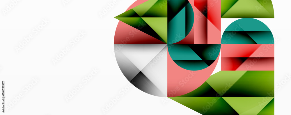 Poster Abstract geometric composition. Shapes overlap, creating dynamic visual interest. Colors include green, red, teal, gray. Minimalist design.