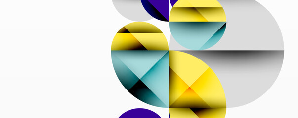 Abstract geometric composition. Overlapping circles, triangles create dynamic visual effect. Yellow, teal, purple hues dominate white background.